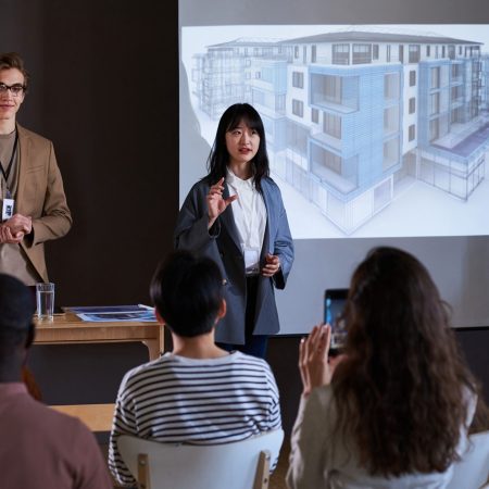 Business people presenting new building on the big monitor for people at a meeting