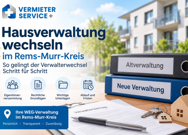 Illustration zum Wechsel der WEG-Hausverwaltung im Rems-Murr-Kreis mit Unterlagen, Verwaltervertrag und Ordnern der alten und neuen Verwaltung.