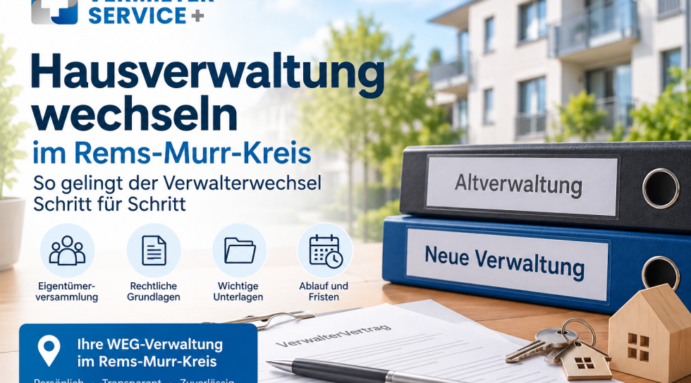 Illustration zum Wechsel der WEG-Hausverwaltung im Rems-Murr-Kreis mit Unterlagen, Verwaltervertrag und Ordnern der alten und neuen Verwaltung.